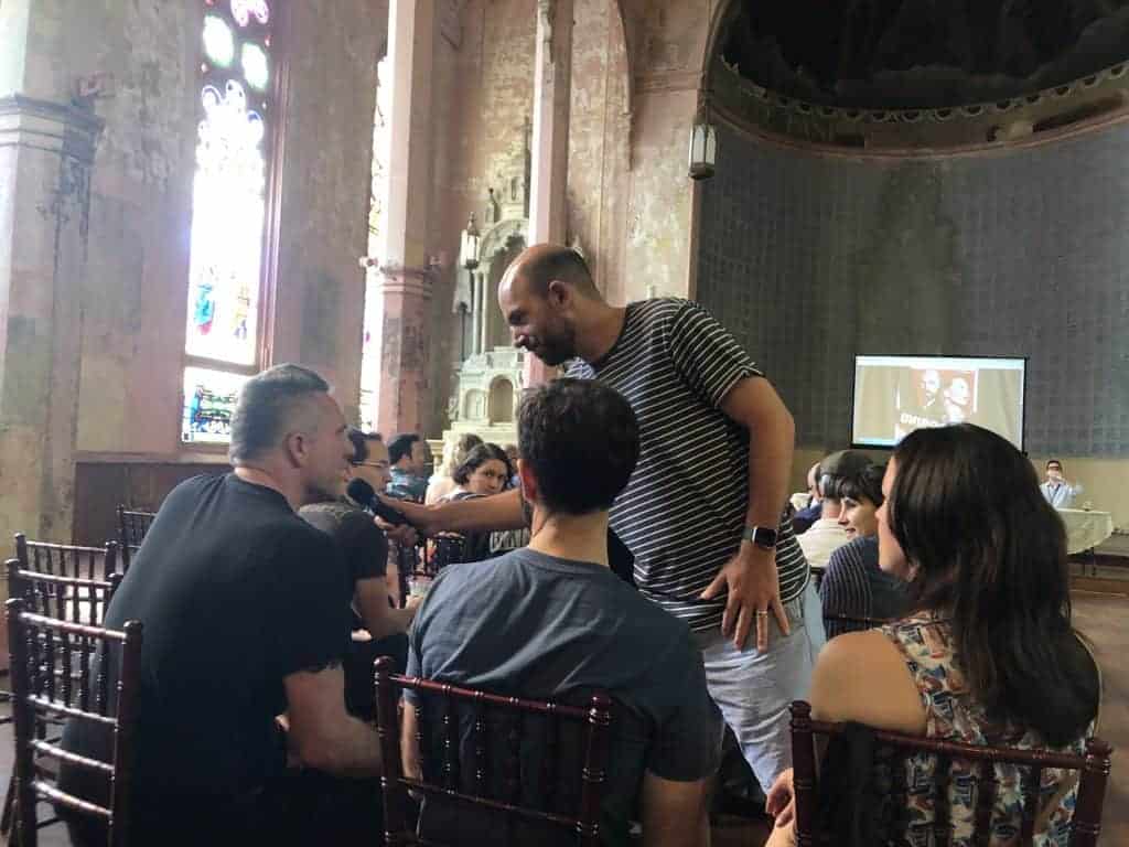 Paul Scheer of the Unspooled Podcast interviewing the audience about what horror movies should be in the AFI top 100 canon. Check out the cool Peter and Paul Church facility!