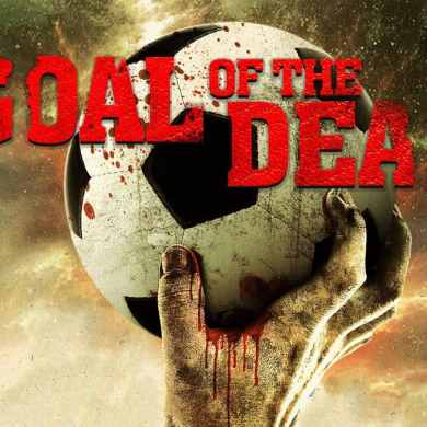 Goal of the Dead soccer ball horror poster with blood splatters and dark background.