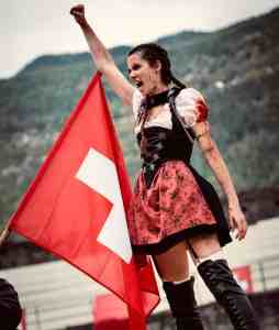 Alice Lucy with fist raised. 