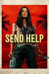 Horror movie poster with a distressed woman holding a knife and ID badge over a red sunset background.