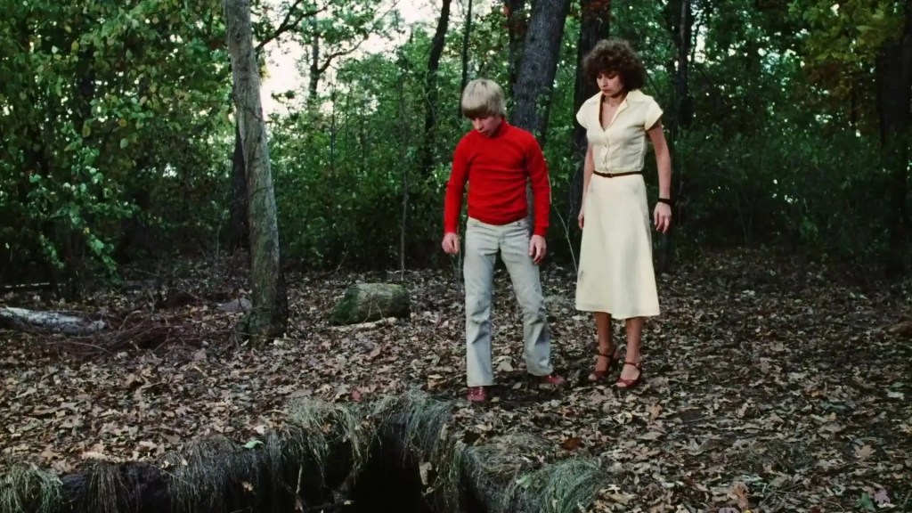 A haunting scene of two people walking through a dark, eerie forest with fallen leaves and dense tre.