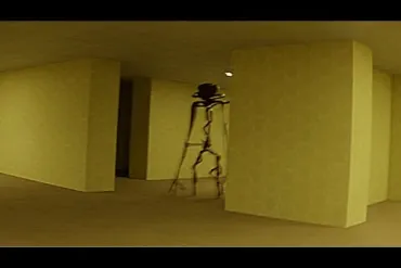 Eerie humanoid figure with elongated limbs in a dimly lit, modern interior space.