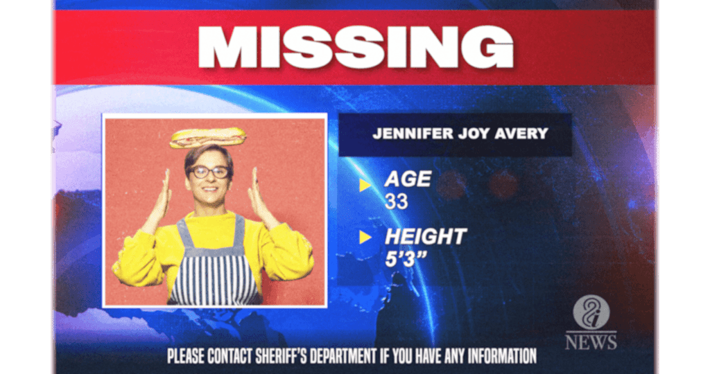 Missing person alert featuring Jennifer Joy Avery, age 33, height 5'3" on a news broadcast.