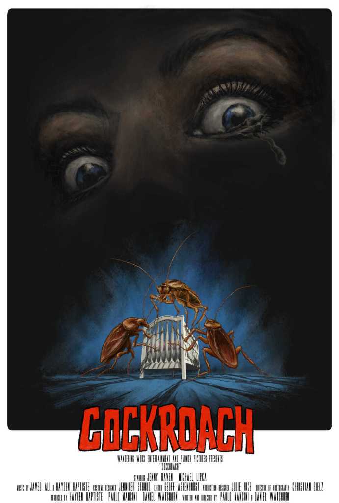 A dark, eerie image of a person's face with wide, frightened eyes and a tear, featuring cockroaches.