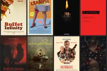 Buffet Infinity movie poster with a burger and fries, vintage comic style, humorous and surreal imag.