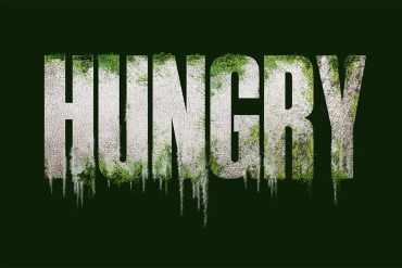 HUNGRY text with moss and decay effects, horror style for scary movie trailer promotion.