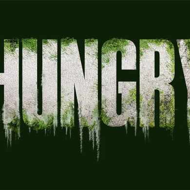 HUNGRY text with moss and decay effects, horror style for scary movie trailer promotion.