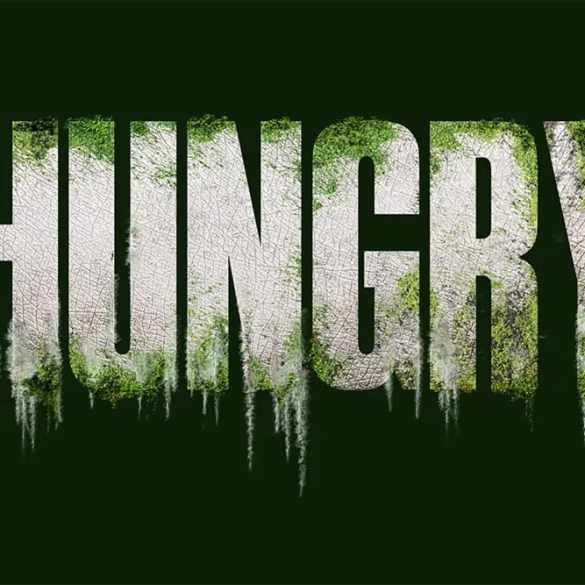 HUNGRY text with moss and decay effects, horror style for scary movie trailer promotion.
