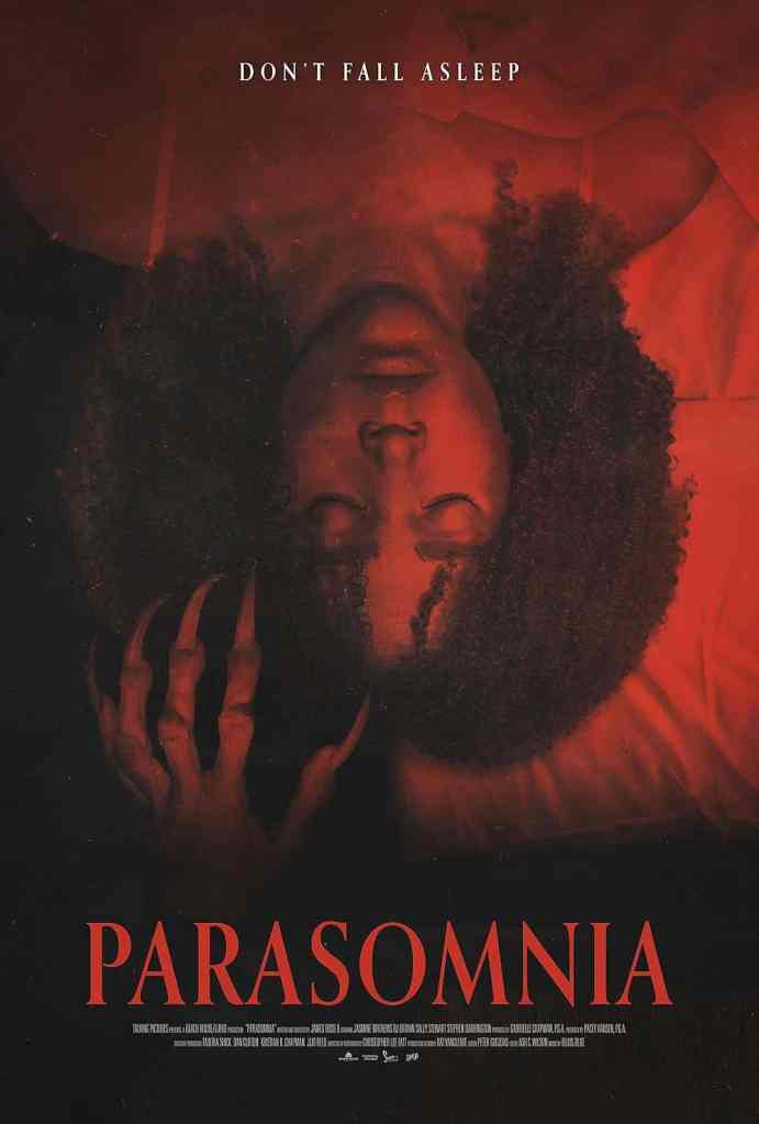 A woman sleeping with a dark, eerie atmosphere, emphasizing themes of parasomnia and sleep disorders.