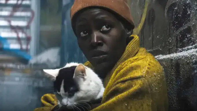 A woman with a cat in her arms, looking worried in a dark, rainy urban setting.