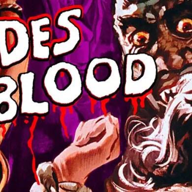 Brides of Blood horror movie poster with women and monstrous creature, vintage horror film art.