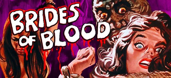 Brides of Blood horror movie poster with women and monstrous creature, vintage horror film art.