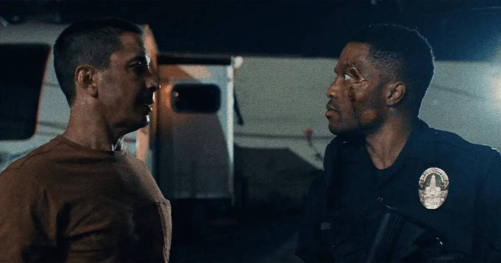 A nighttime police confrontation scene from Night Patrol review (2026).