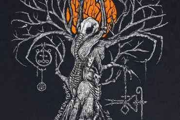 A haunting illustration of a twisted, spooky tree with hanging lanterns and eerie decorations.