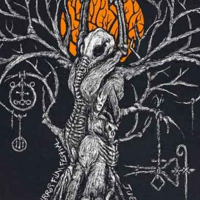 A haunting illustration of a twisted, spooky tree with hanging lanterns and eerie decorations.