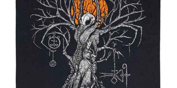A haunting illustration of a twisted, spooky tree with hanging lanterns and eerie decorations.