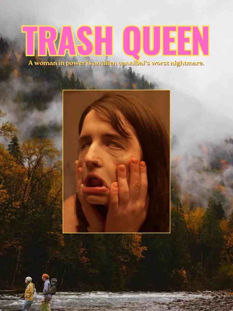 A woman with a distorted face, appearing as an alien cannibal's nightmare, over a smoky forest backg.
