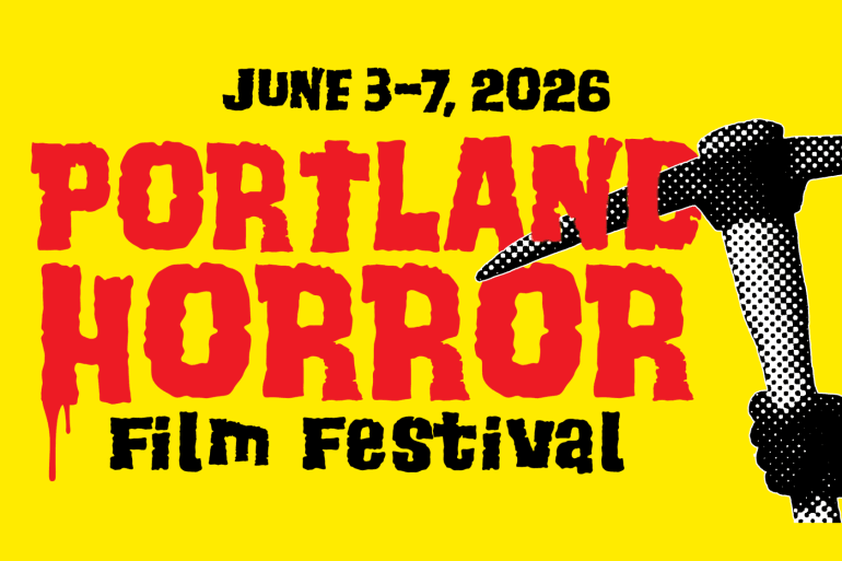 Spooky horror film festival poster for Portland Horror Film Festival June 3-7, 2026, with bold red a.