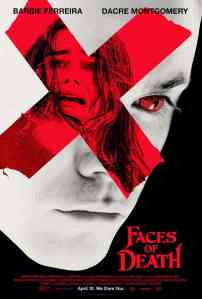 A haunting movie poster featuring a woman's terrified face and a sinister eye, with bold red and bla.