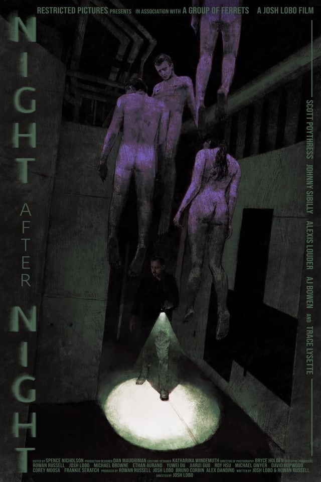Eerie poster for Night After Night with hanging figures and dark atmosphere.
