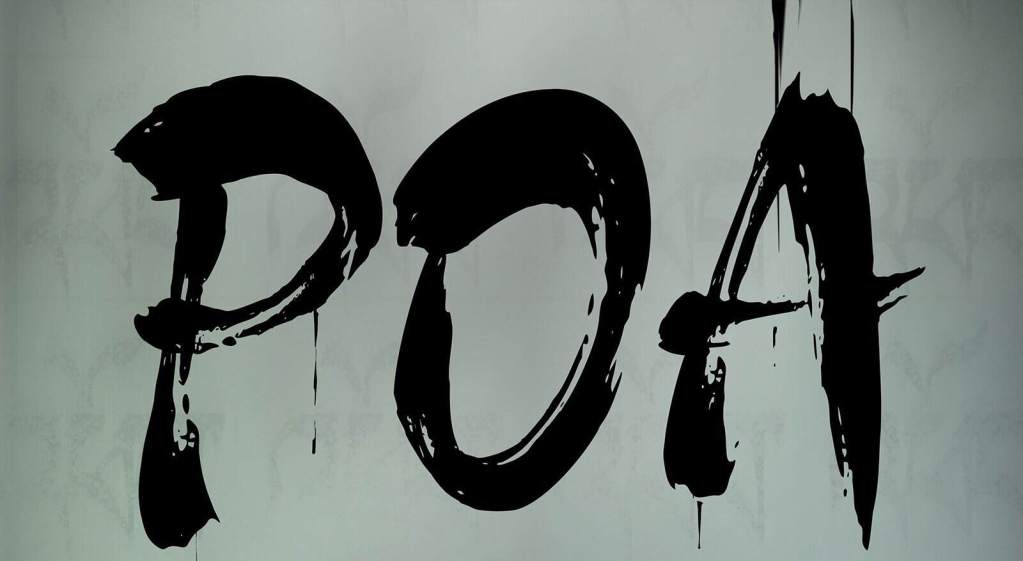 Eerie black graffiti spelling "POA" on a gray wall with dripping paint.
