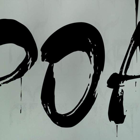 Eerie black graffiti spelling "POA" on a gray wall with dripping paint.