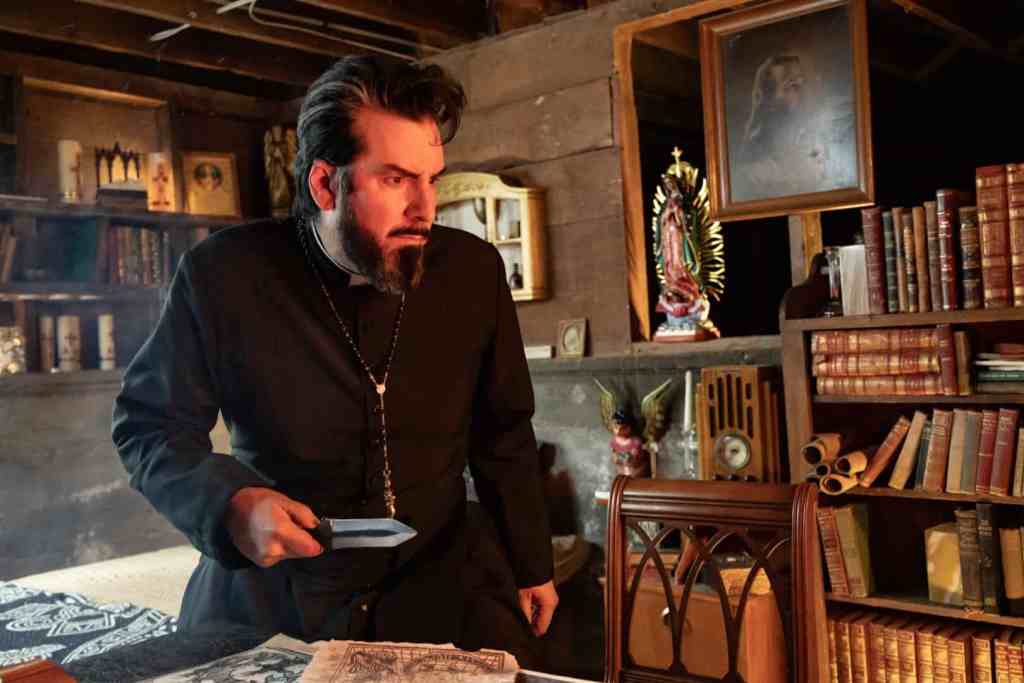 Haunted priest reading ancient book in dimly lit church library, spooky atmosphere.