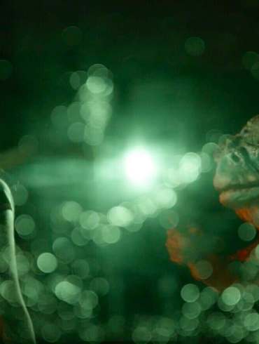 Futuristic scene with glowing green lights and a mysterious figure in darkness.