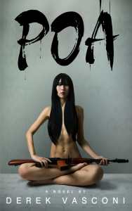 A woman with long black hair holding a rifle in a meditative pose in front of a wall with "POA" grafitti. 