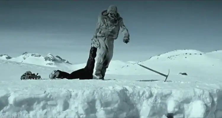 A terrifying snow creature with a humanoid form in a snowy landscape.