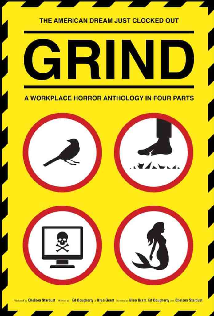 Book cover for 'GRIND' horror anthology with warning symbols and yellow background.