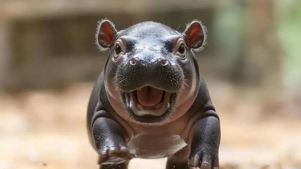 Adorable baby hippopotamus with open mouth in natural habitat.