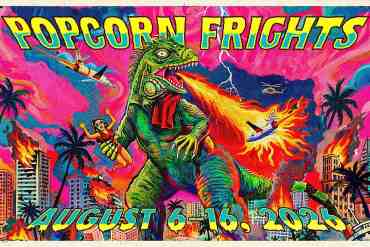Colorful poster for Popcorn Frights with a dinosaur breathing fire over a cityscape.
