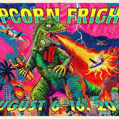 Colorful poster for Popcorn Frights with a dinosaur breathing fire over a cityscape.