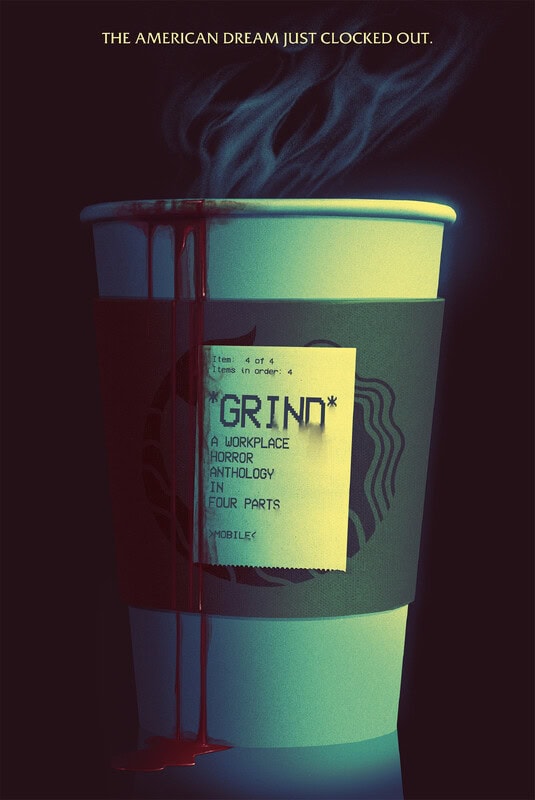 Coffee cup with a 'Grind' label and blood-like spill, steaming hot, dark background.