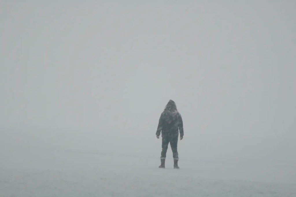 A lone figure in a heavy winter coat stands in a foggy, icy landscape.