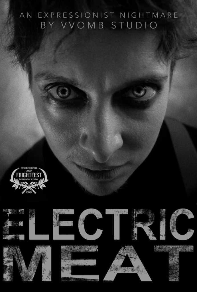 Close-up of a person's face with intense eyes for Electric Meat trailer poster.