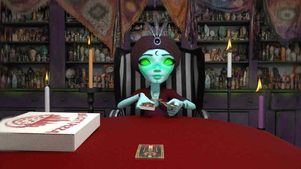 Animated witch girl with glowing green eyes at a mystical shop table.