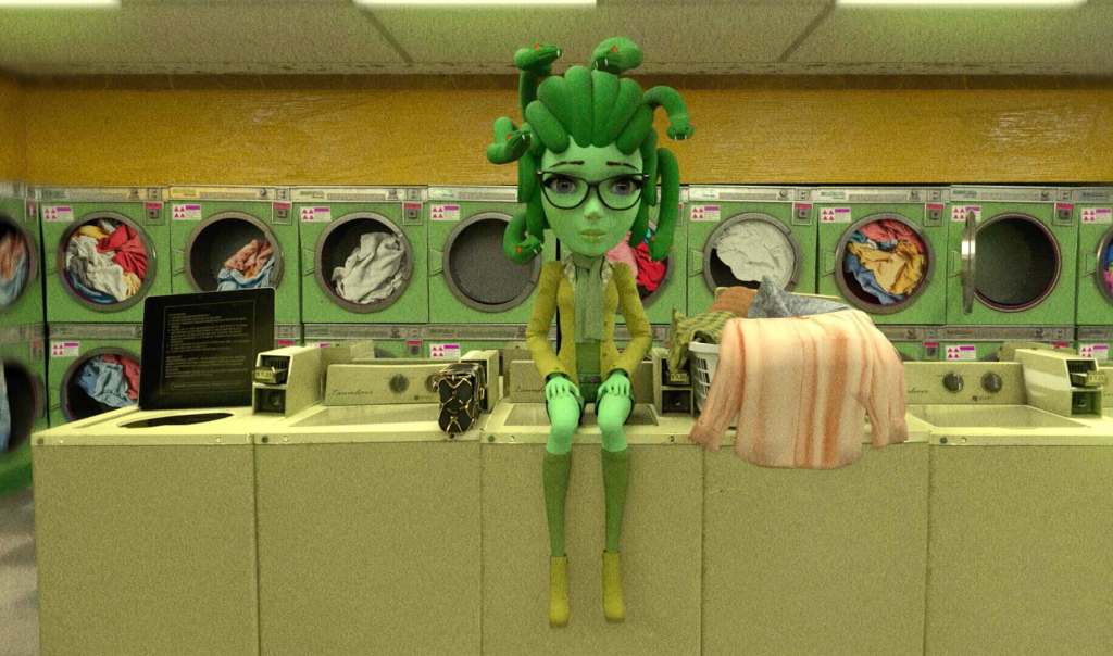 Animated character with green hair and glasses sitting on a laundromat counter.