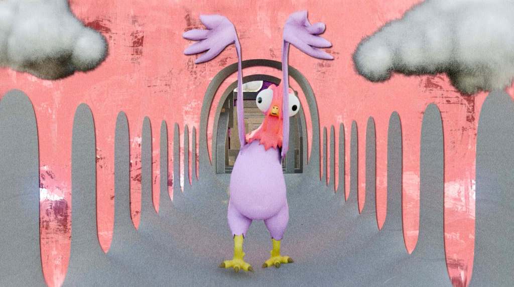 Colorful cartoon chicken character with purple feathers and pink beak on a pink background.