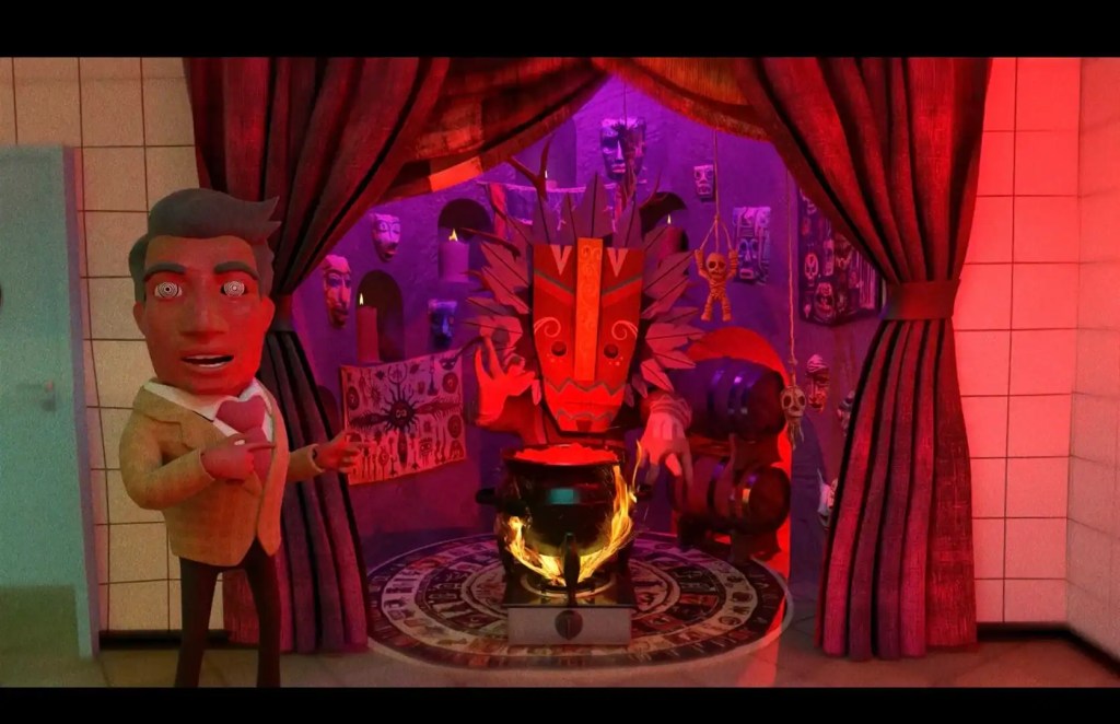 Colorful puppet show scene with a sinister puppet and stage curtains.