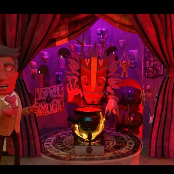 Colorful puppet show scene with a sinister puppet and stage curtains.