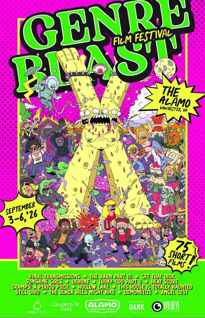 Colorful poster for Genre Blast Film Festival with monster and film characters, September 3-6, 2026.