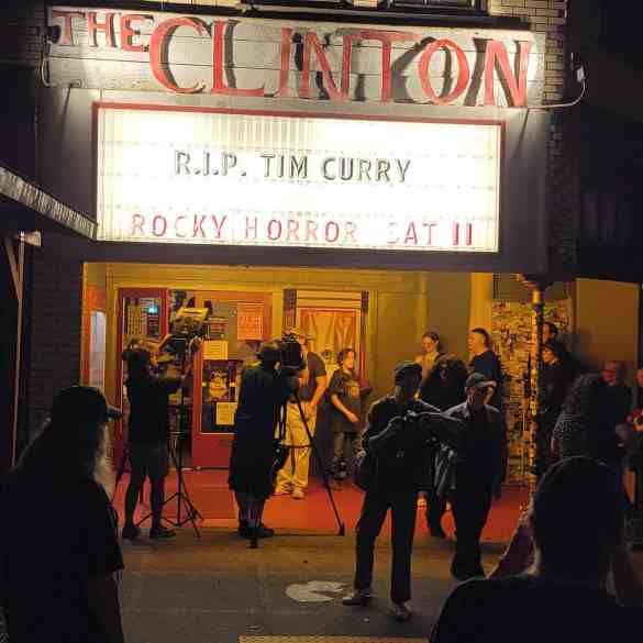The Clinton theater marquee honoring Tim Curry with a Rocky Horror Picture Show tribute.