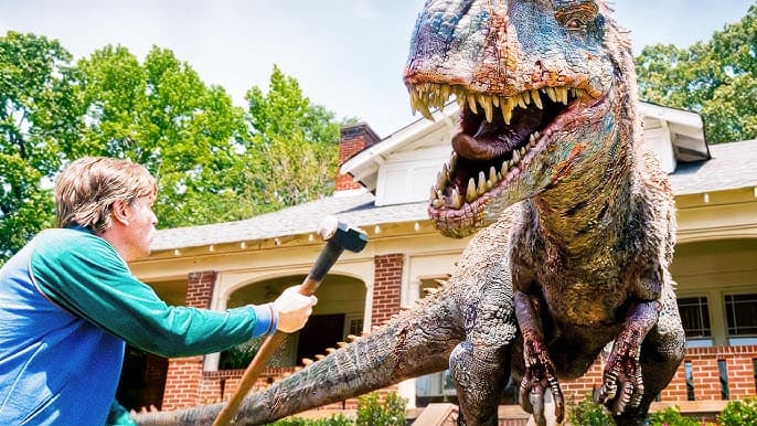 Realistic dinosaur puppet attacking a man with a hammer outside a house.