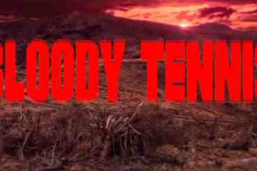 Bloody Tennis movie poster with dark landscape and red title text.