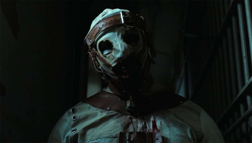 Eerie masked figure in a dark, horror-themed setting with bloodstains.
