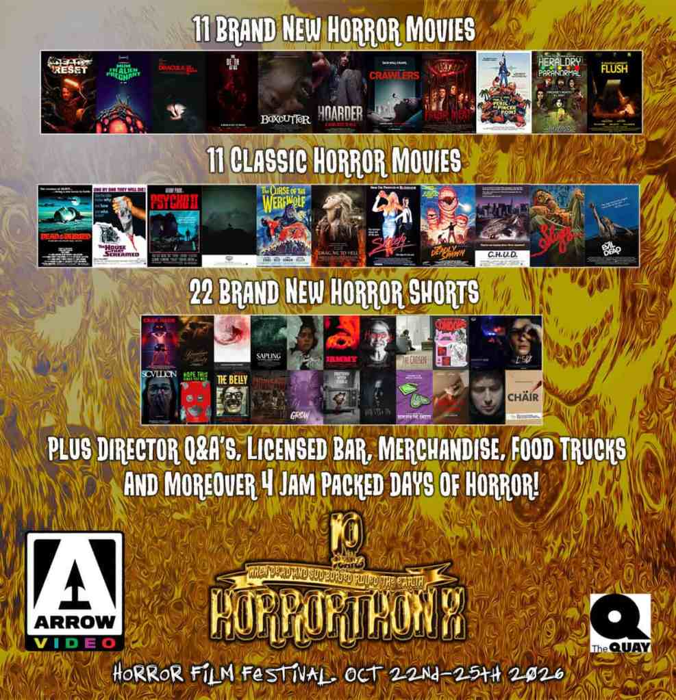 Poster for U.K.'s Dead And SudBuried Horrorthon 2026 with horror movies and event details.