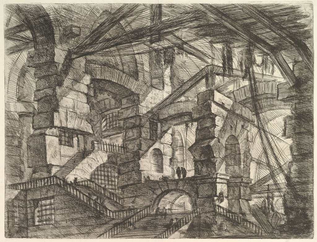 Intricate sketch of a surreal, multi-level architectural structure with stairs and arches.