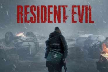 A person with a medical bag walking through a snowy, wrecked car lot from Resident Evil review.